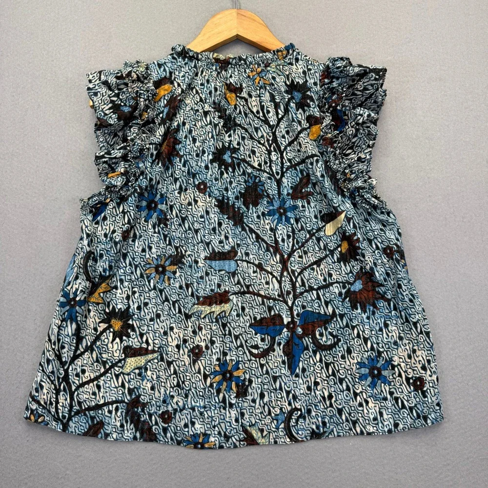 Ulla Johnson Blue Batik Floral Ruffle Cap Sleeve Cotton Viscose Top Size 10